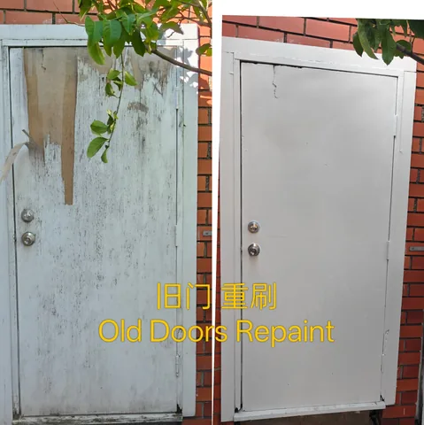 Weathered timber gate door before and after being repainted white