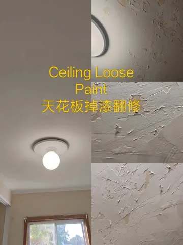 Ceiling with flaking paint alongside the finished repainted surface