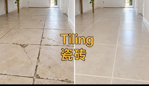 Cracked stained floor tiles before, and evenly laid new tiles after