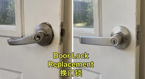 Worn scratched door lever and rose before, and new brushed lever lock after