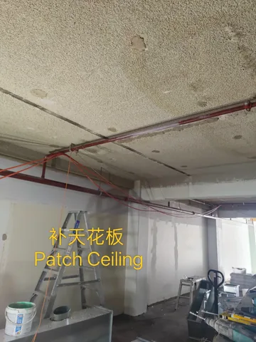 Ceiling with patched sections above a step ladder on site