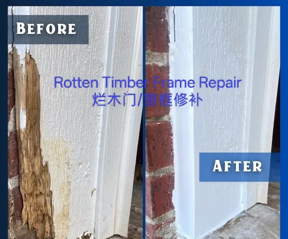 Rotted timber door frame before repair and the rebuilt frame repainted white after