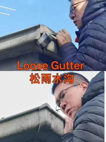 Handyman refixing a loose gutter section at the corner of a roof fascia