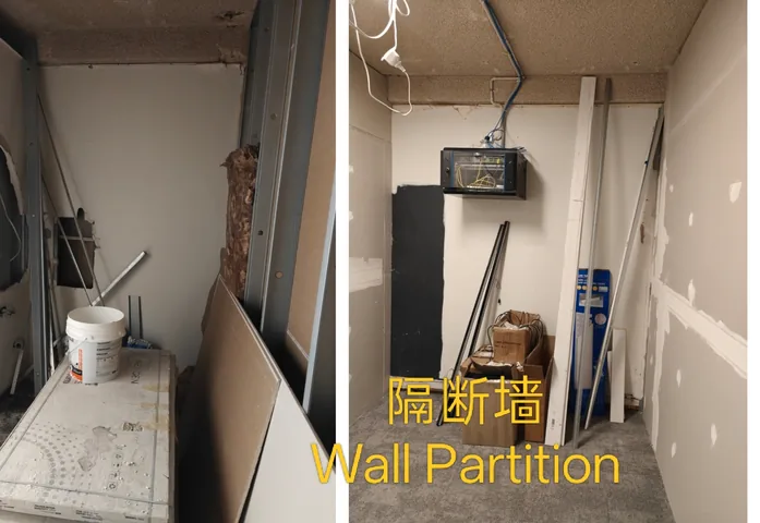 Steel stud partition wall part-framed, then sheeted with plasterboard