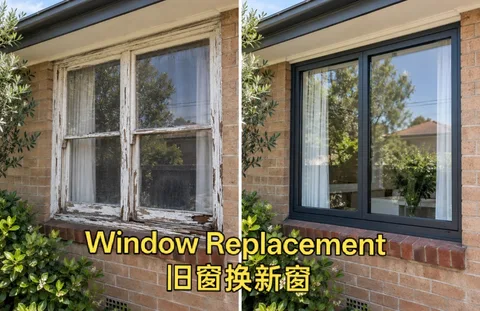 Peeling rotten timber window before, and new aluminium window after