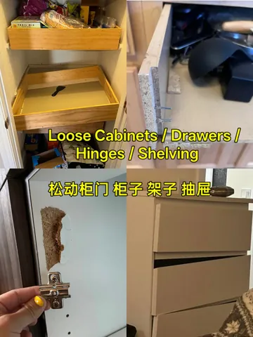 Loose pantry shelving, a pulled-out drawer, a torn-out hinge plate and a sagging drawer front