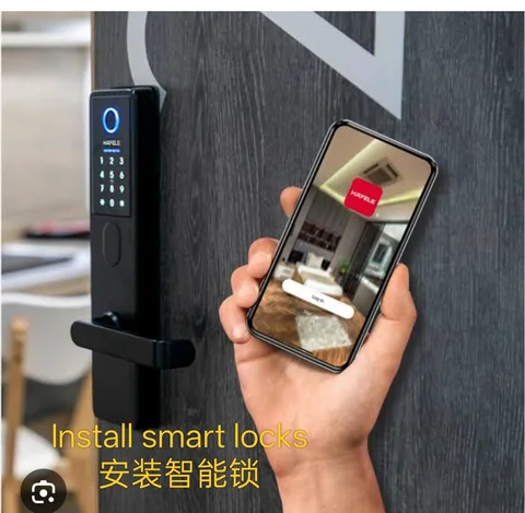 Smart digital lock fitted to a dark timber door, with a phone app showing the lock interface