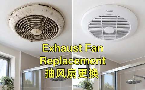 Mould-covered ceiling exhaust fan before, and clean new fan after