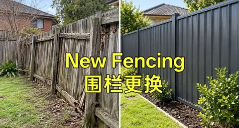 Leaning weathered timber fence before, and new dark steel fence after